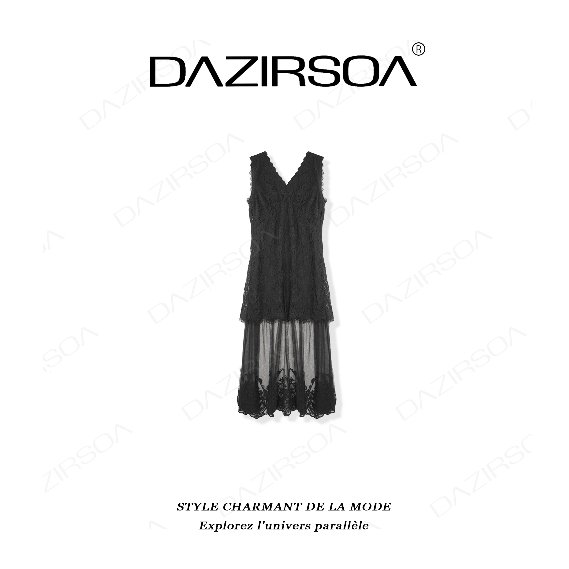 “自由生花”时尚百搭拼接网纱蕾丝吊带连衣裙 X859