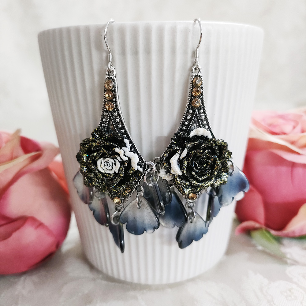 铜合金玻璃耳饰 民族风手工气质花卉吊坠耳环2318