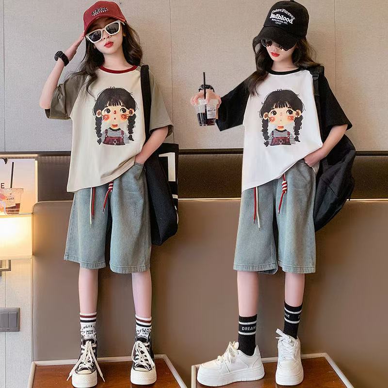 【现货】女童夏季短袖T恤牛仔短裤套装2025新款女孩衣服儿童两件套