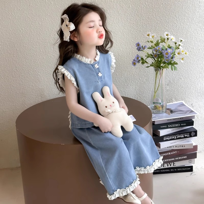 女童薄款牛仔套装夏季2025阔腿裤新款洋气儿童夏装无袖背心两件套