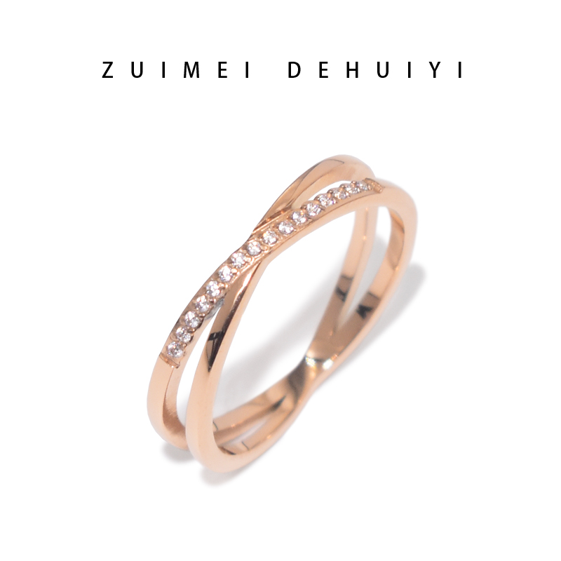 钛钢戒指 交叉戒指女时尚个性小众设计交错排钻玫瑰金色食指指环