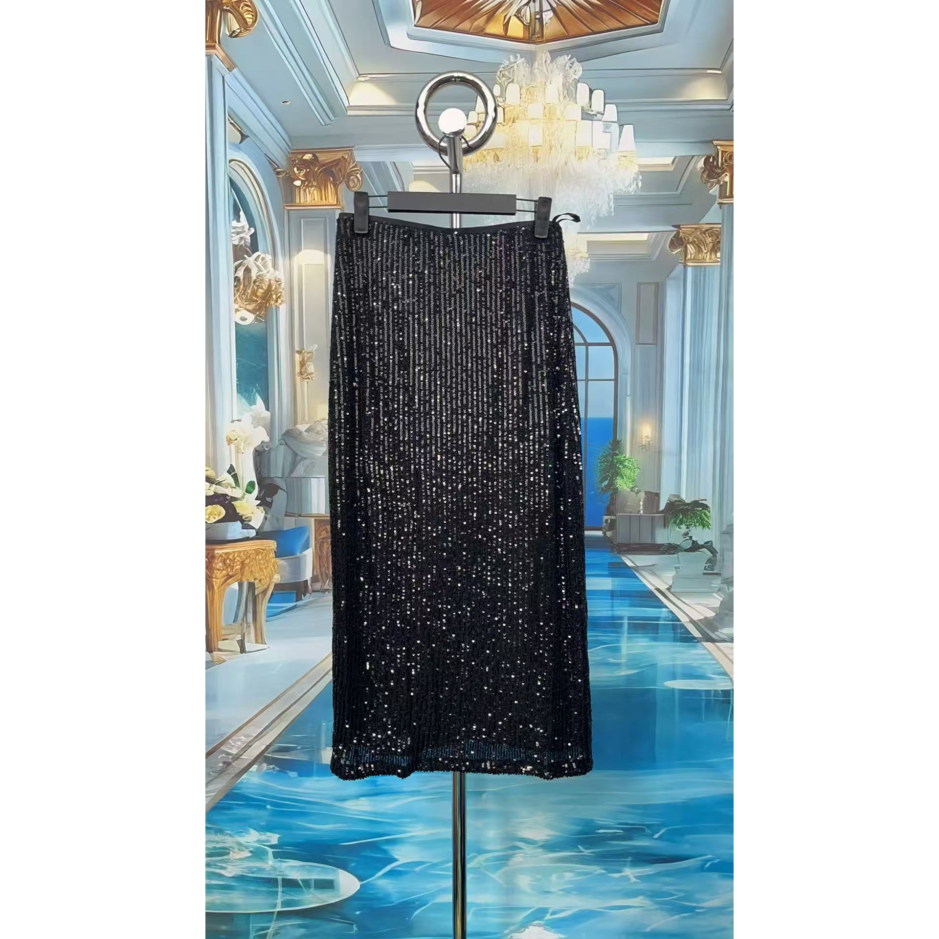 19287 松紧腰显瘦轻奢长款亮片半身裙女装