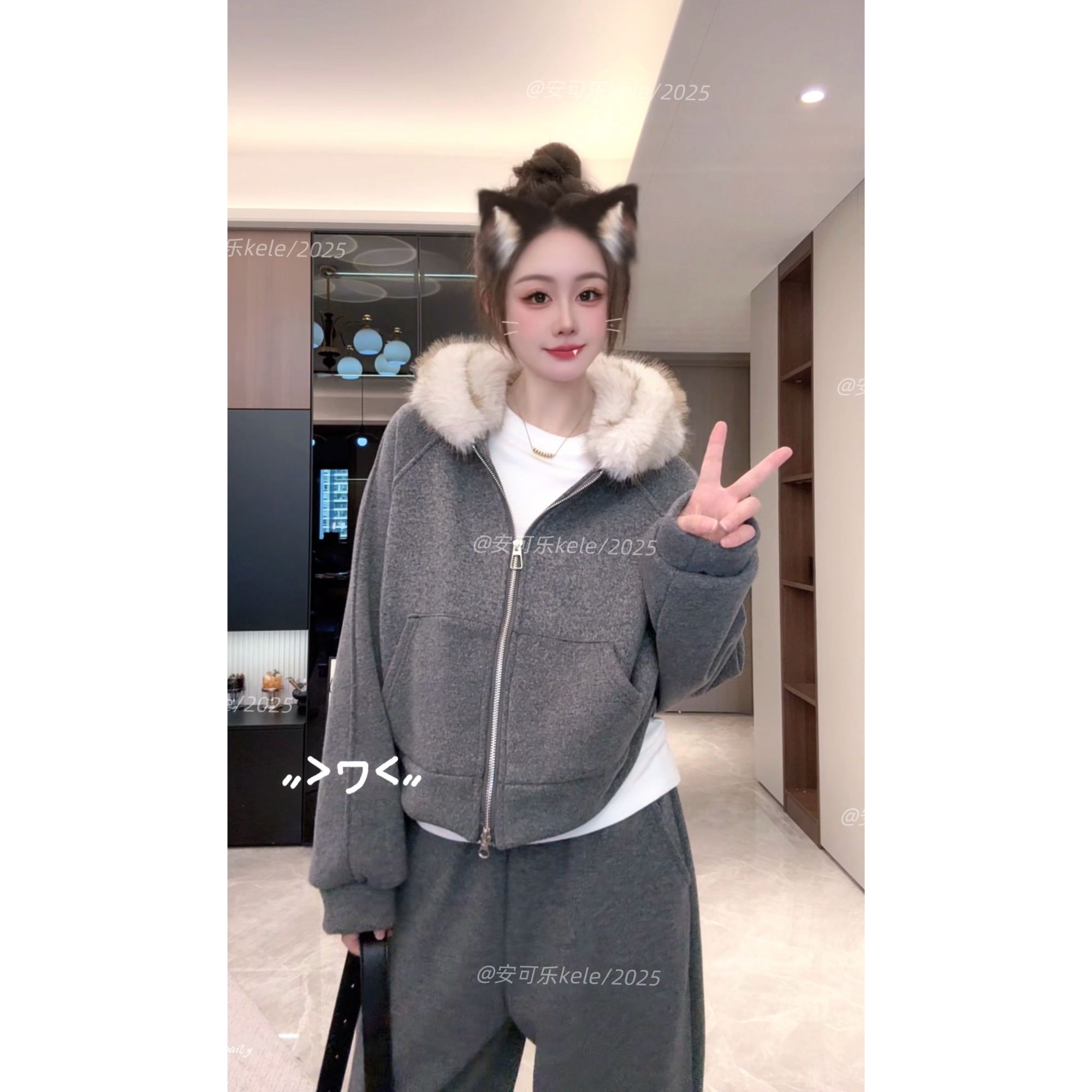 【安可乐】冬季新款加绒加厚慵懒风加毛连帽卫衣外套宽松阔腿裤套装