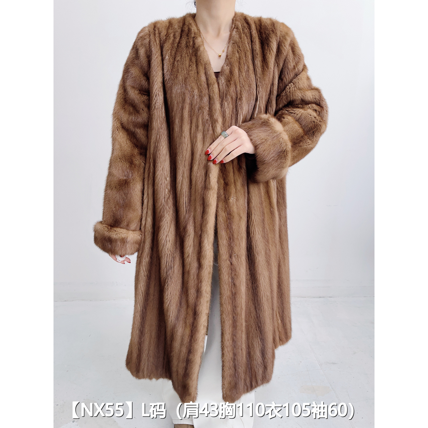 【NX55】L 蜜茶棕超长款全抽貂皮大衣外套女 V领挽袖 22055