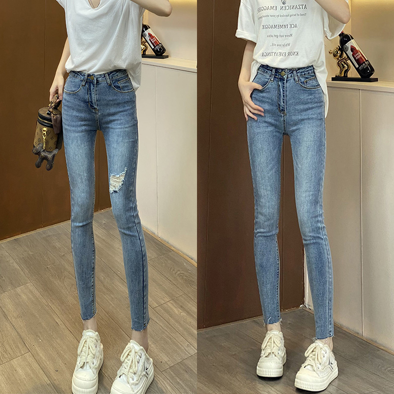 破洞牛仔裤女初秋爆款2025新款高腰显瘦弹力紧身小个子九分小脚裤