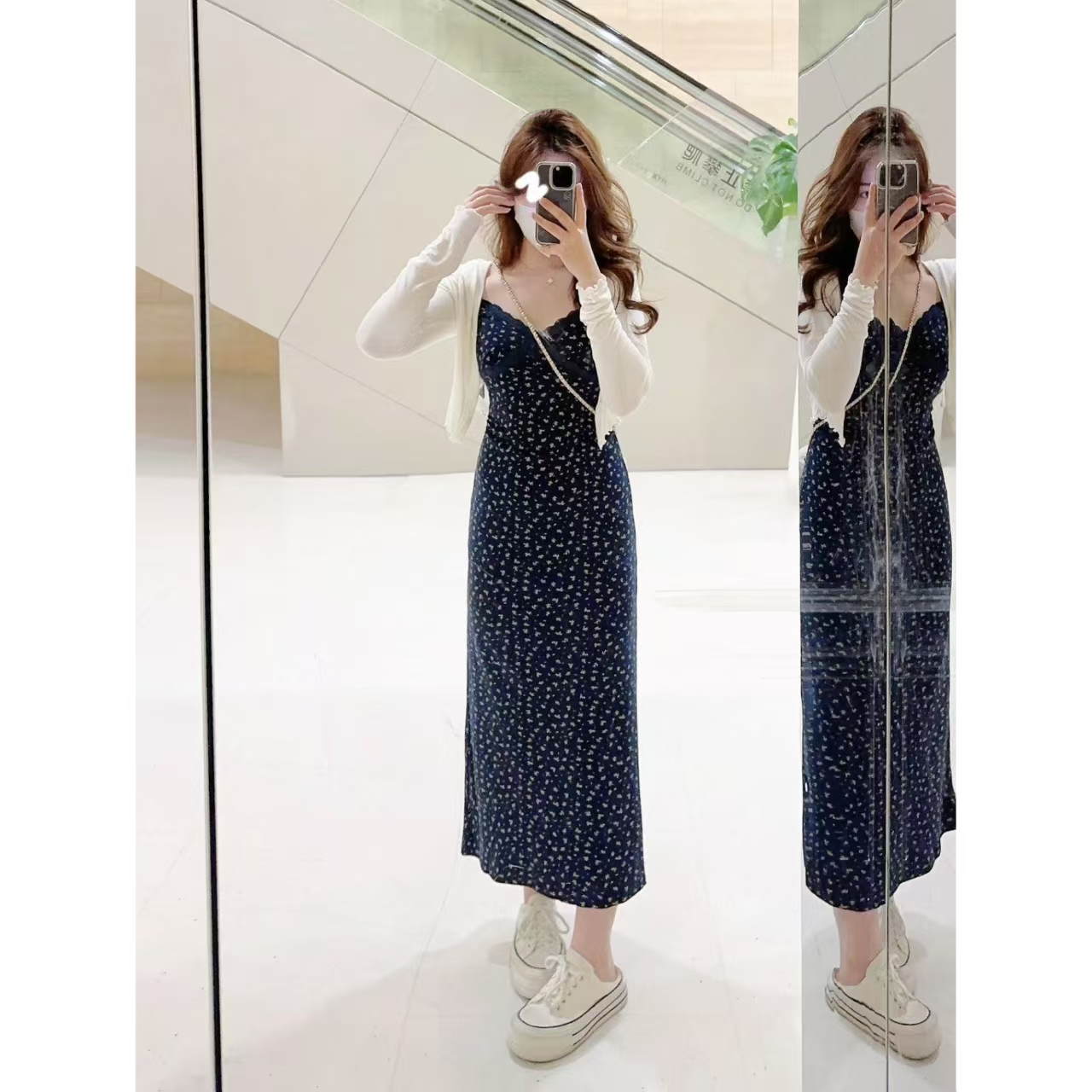 M u子酱微胖定制法式气质吊带收腰显瘦长裙+杏色开衫上衣WP9541