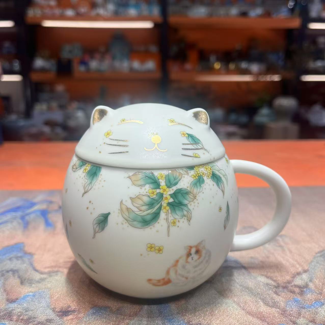 友名陶瓷 猫咪两件套水杯办公杯茶水分离杯5703（直播专享）
