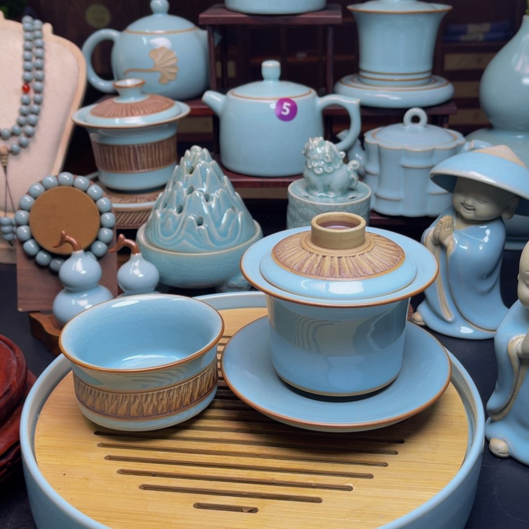 【闪购商品】摆件陶汝州单壶，青，壶，杯，