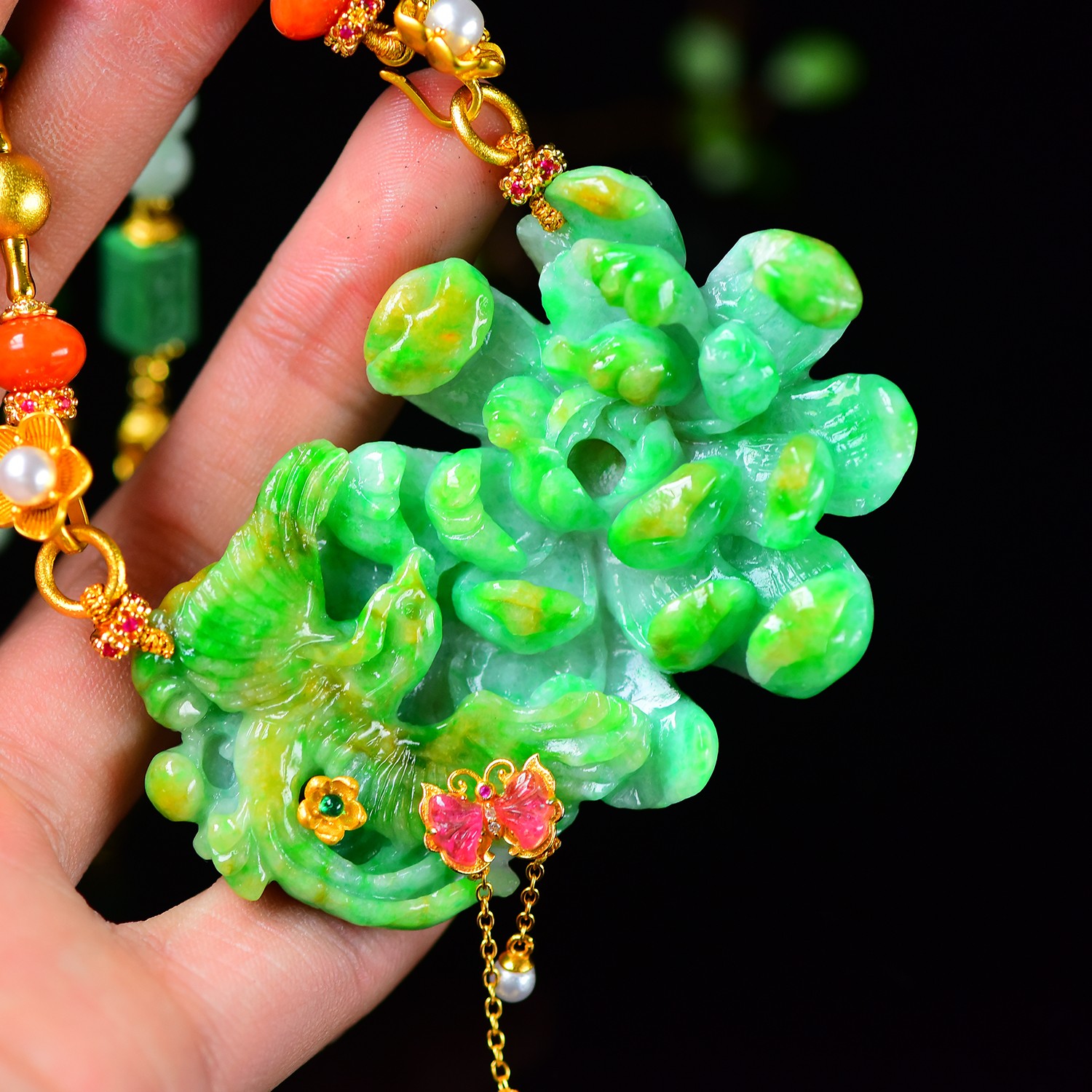 天然A货翡翠黄加绿花开富贵设计款毛衣链