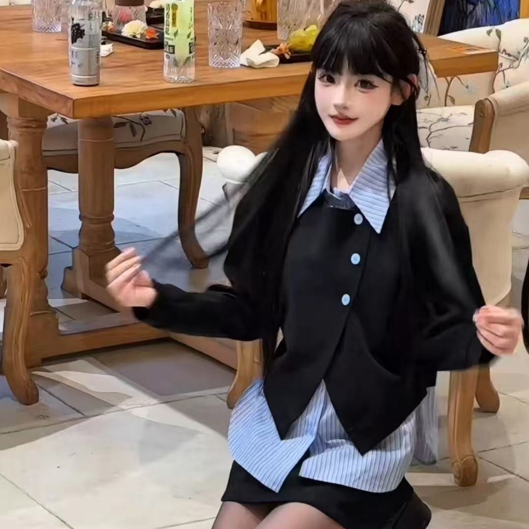 【安心推荐】韩版不规则拼接假两件翻领秋季2025高腰半身裙时尚套装