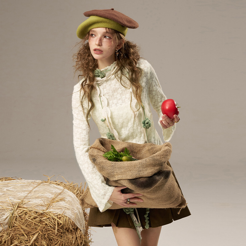 【夏夏】2025秋季新款设计感高领蕾丝碎花拼接百搭打底衫长