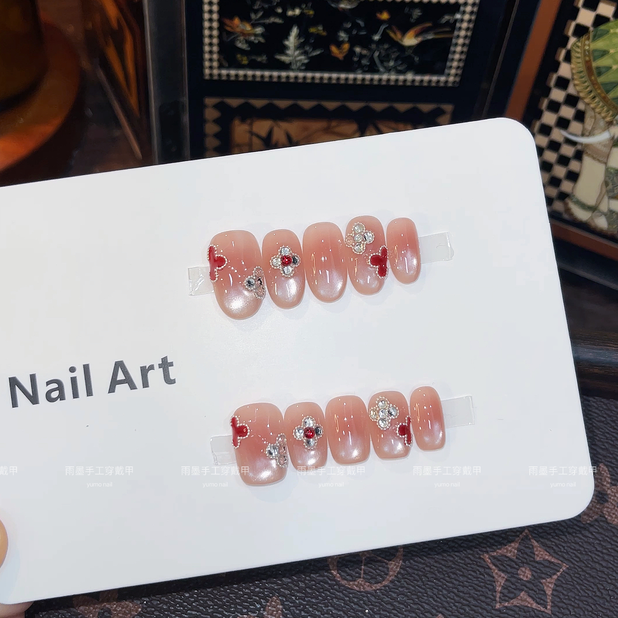 思链 纯手工定制法式甜心显白穿戴甲温柔甜美晶石设计可爱美甲ins