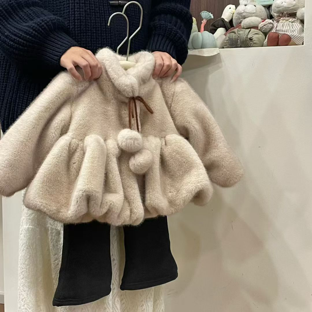 女宝宝时髦仿皮草貂毛外套女童冬款上衣洋气女婴儿加厚加绒毛毛衣