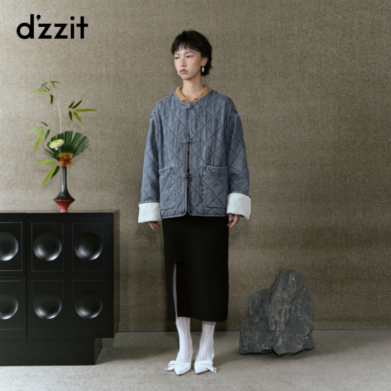 dzzit地素牛仔棉服秋冬新中式盘扣设计袖口拼接外套女3I4RB14