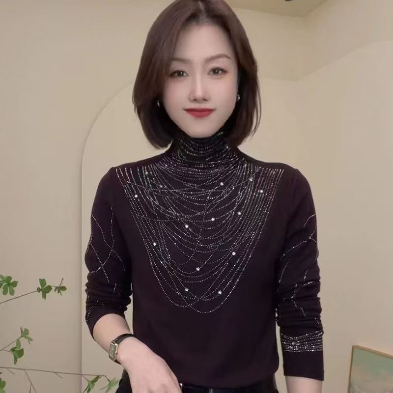 德绒烫钻打底衫女春秋冬时尚洋气保暖上衣半高领加绒小衫