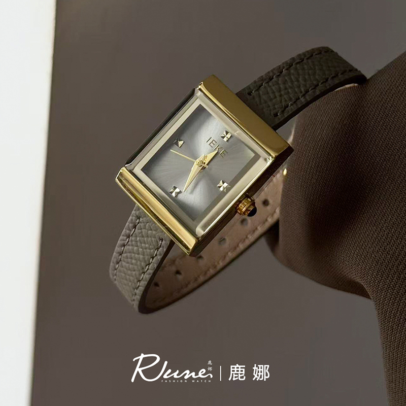 Rune鹿娜《辰》小众高级感大象灰简约真皮ins百搭女士防水石英表