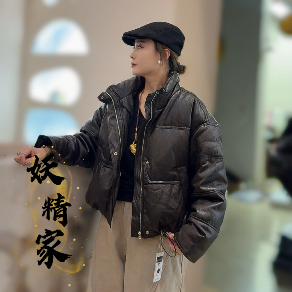 805【妖精家】冬季新款宽松立领PU皮短款加厚保暖皮衣外套