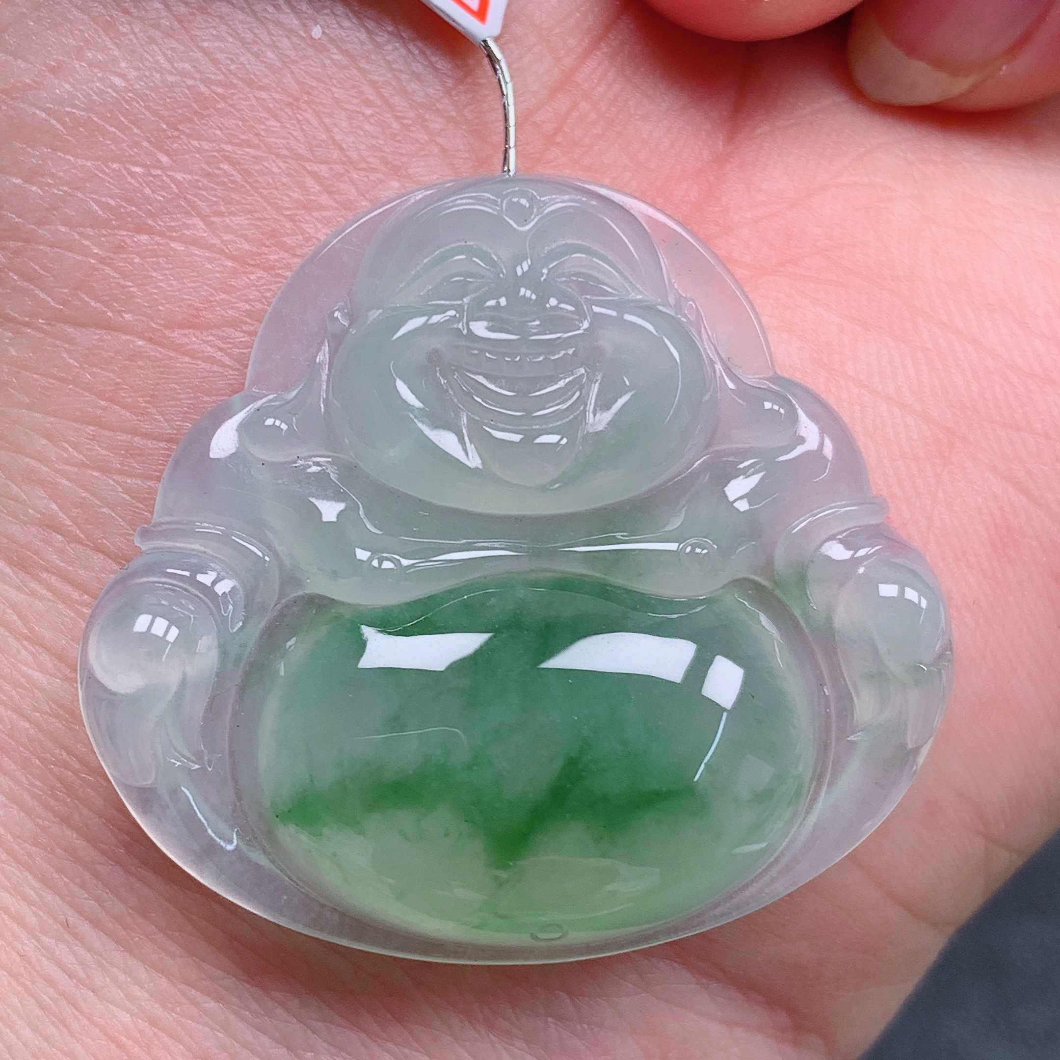 天然缅甸翡翠A货冰飘花佛公气质精美尺寸36+32.2+6.2  344