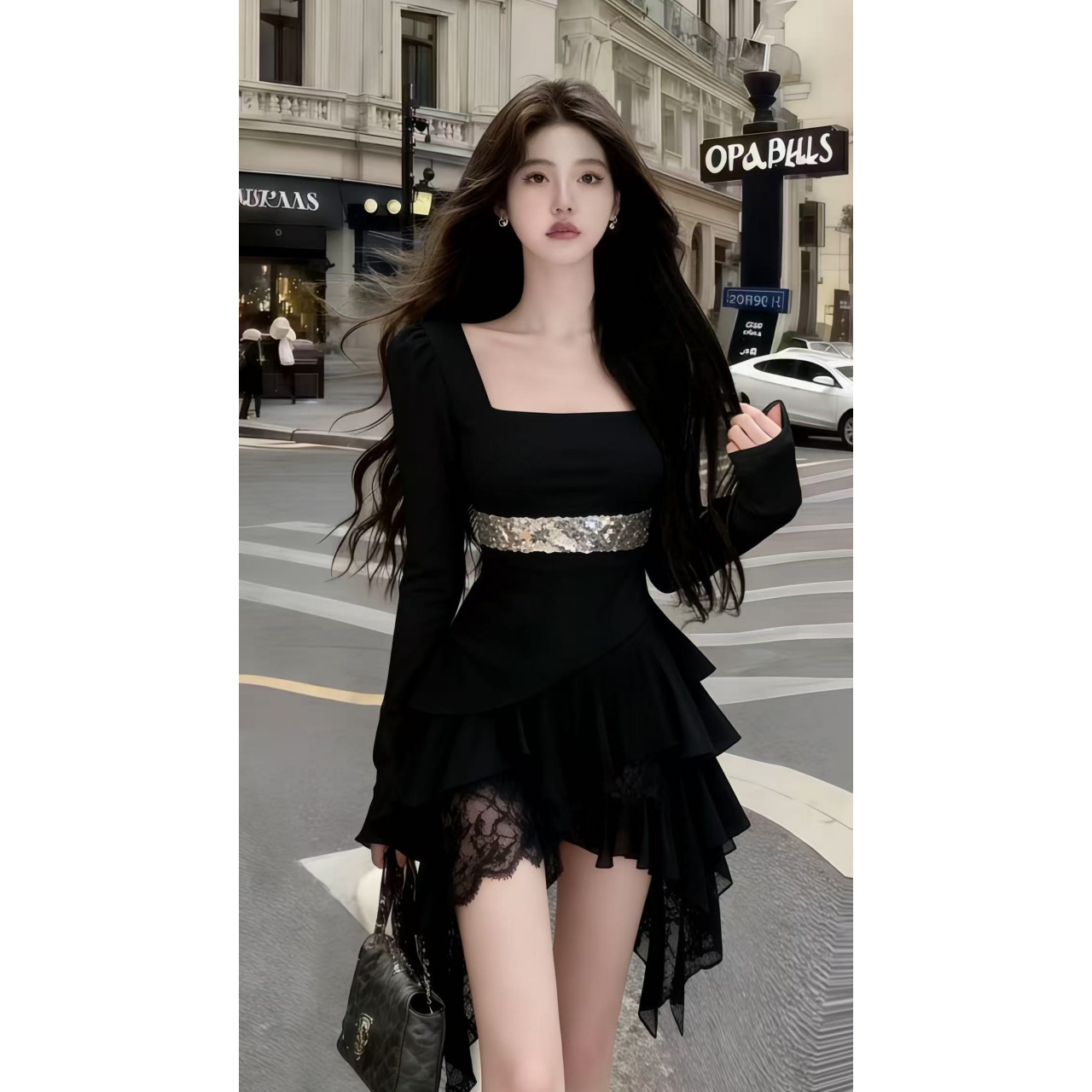 2025秋冬轻奢气质轻熟风显瘦黑色方领收腰长袖蕾丝拼接裙摆连衣裙