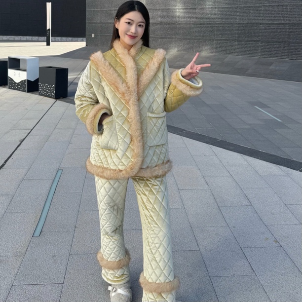 南态，暮色与海，撞色毛领三层加厚夹棉可外穿新中式冬季女士家居服