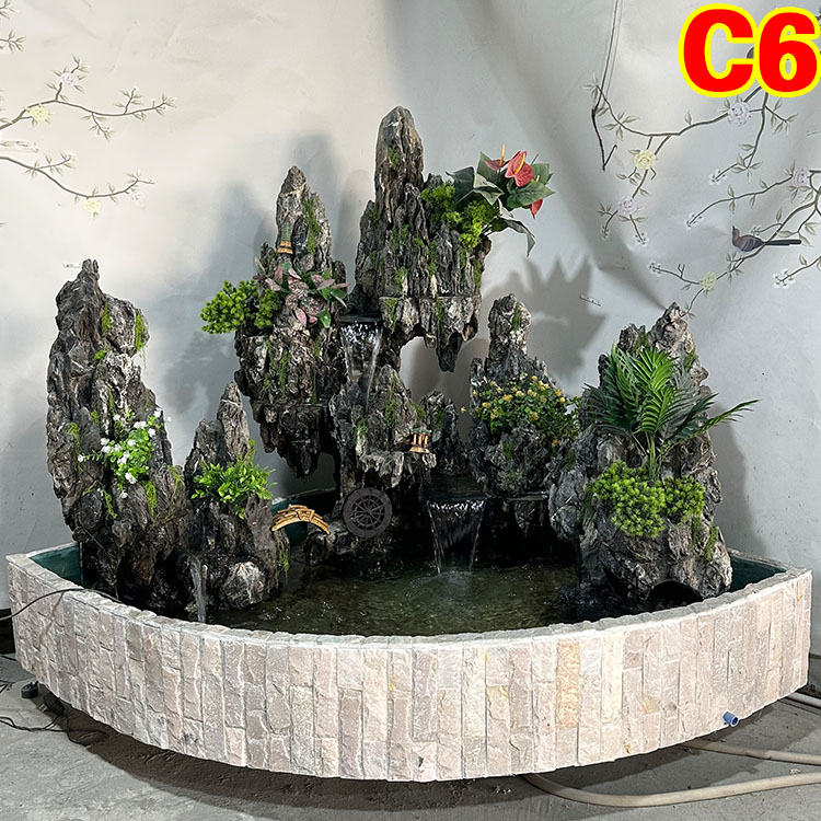庭院花园大型拐角位天然原石假山流水喷泉阳台扇形鱼池可养鱼景观