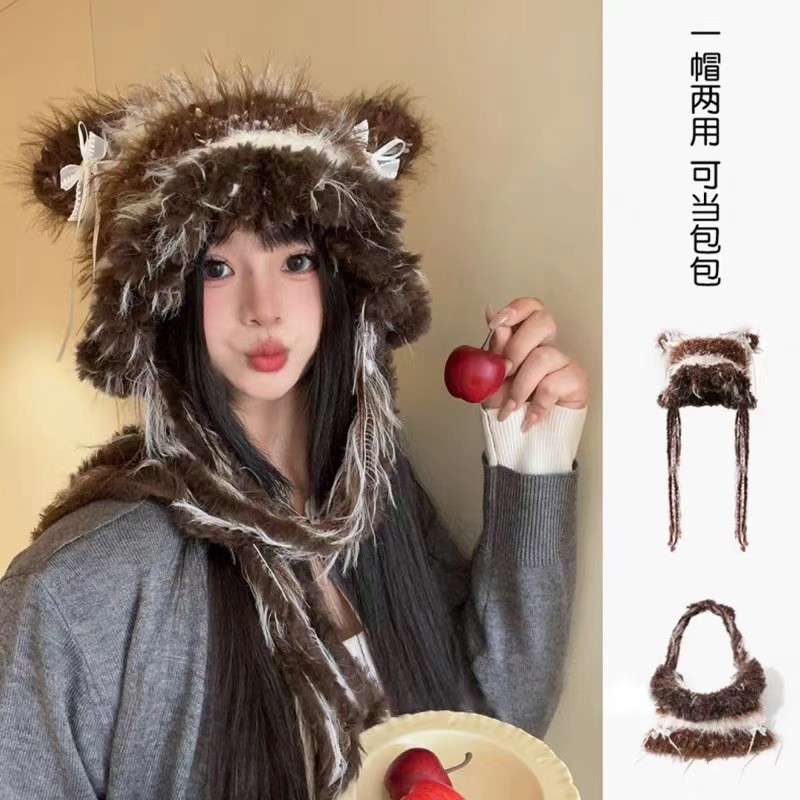 蝴蝶结可爱猫耳朵毛绒帽女秋冬季防寒保暖针织护耳帽流苏针织帽子