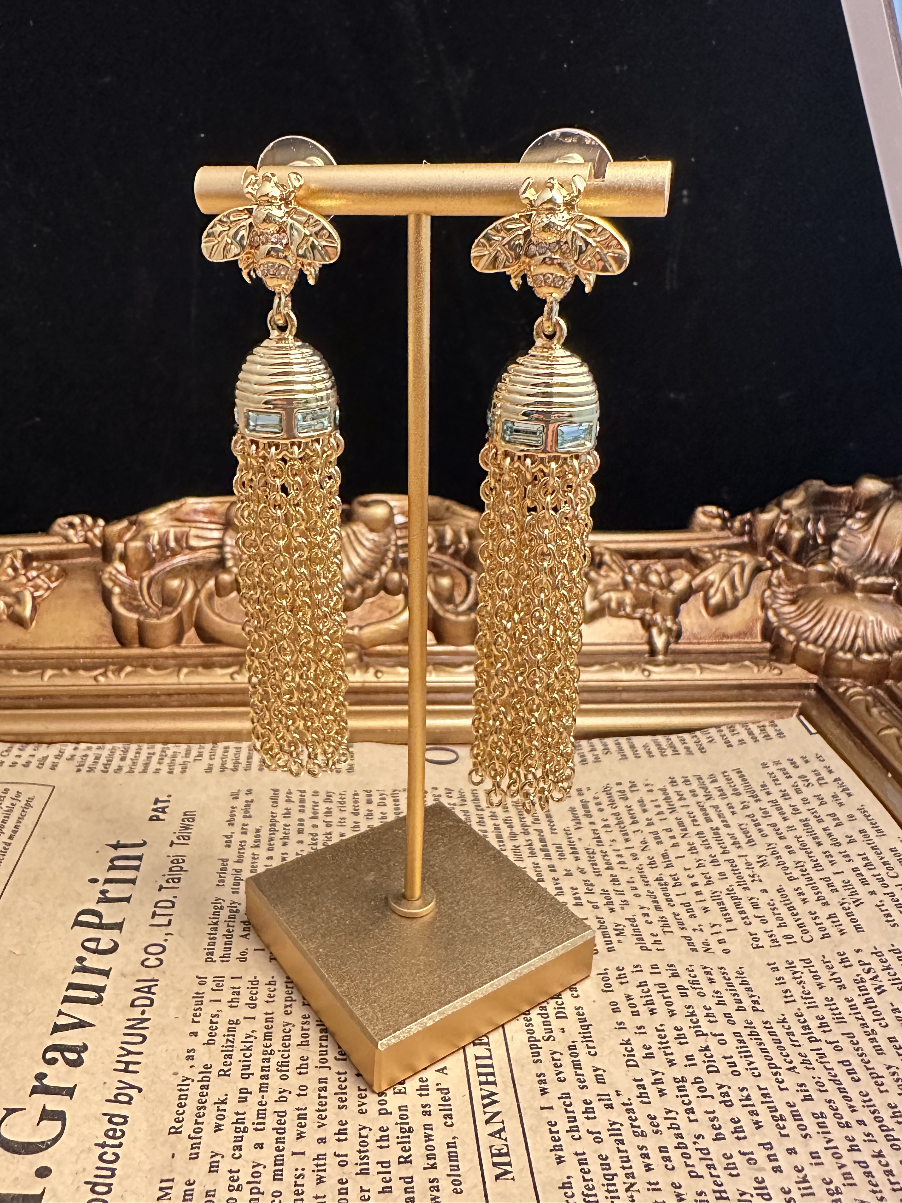 铜合金仿水晶耳饰 中古镀金金蝉流苏耳饰 E9832