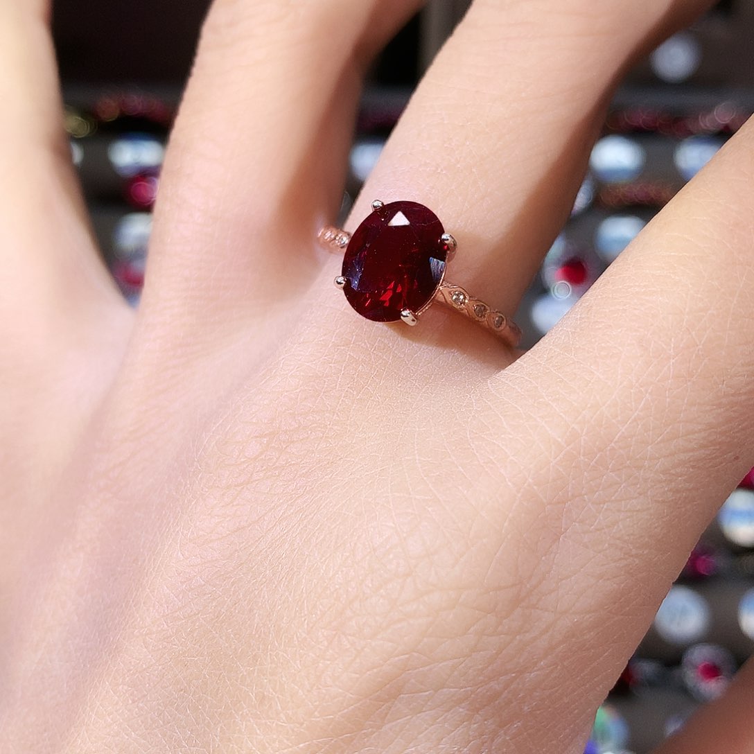 银S925镶嵌戒指红宝石酒红玫瑰金810