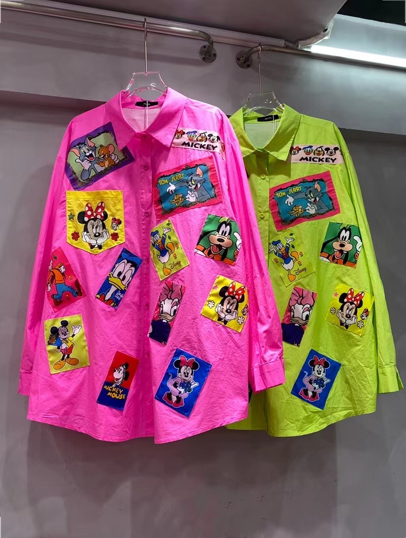 刘媛媛欧货 实拍全是贴布米奇卡通翻领中长款衬衣外套