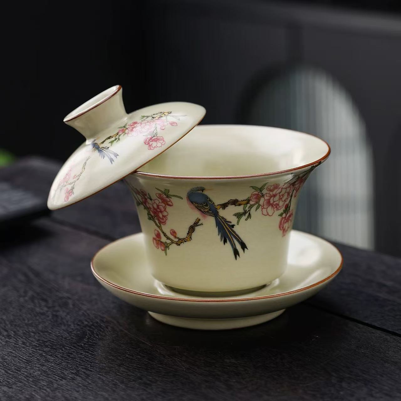 三才悬停盖碗茶开片陶瓷家用茶碗功夫茶具手抓小号泡茶碗g4145