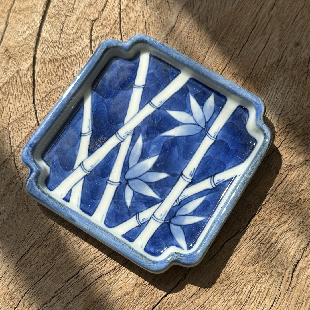 【若玉古美】竹子盖置手工手绘釉下彩高温瓷