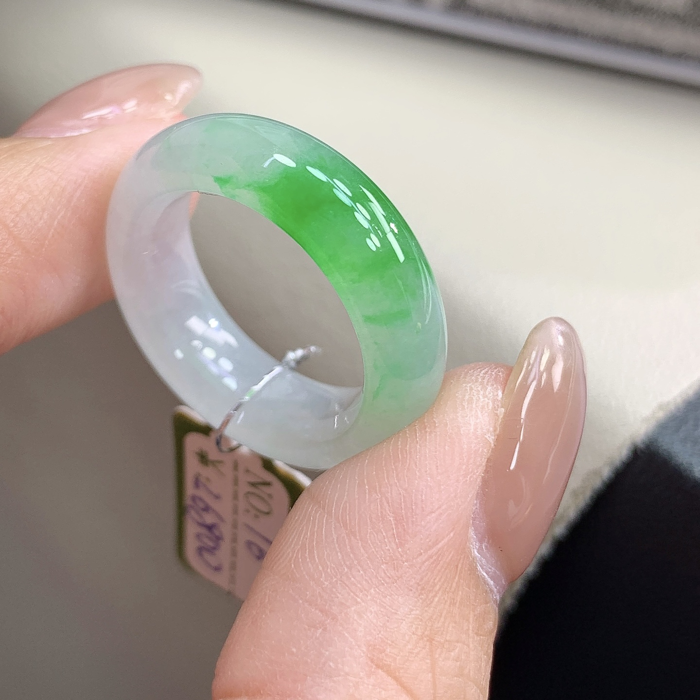 16号白底青飘正阳绿缅甸翡翠戒圈指环缅甸a货翡翠 17.5-7.2-4.4mm