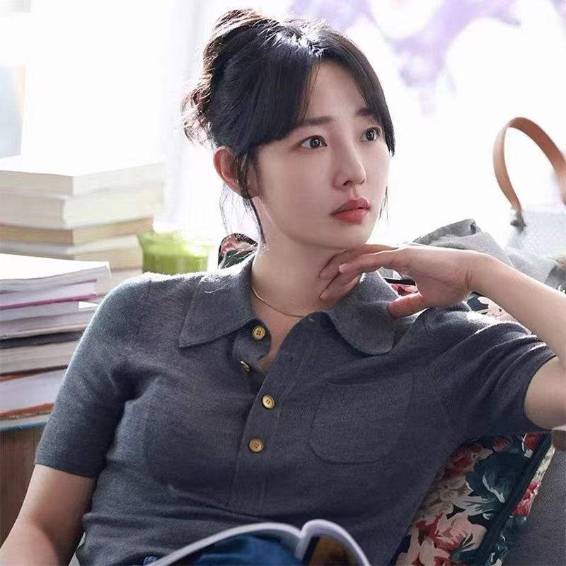 2025女装夏季百搭上衣翻领短袖女针织衫时尚休闲纯色