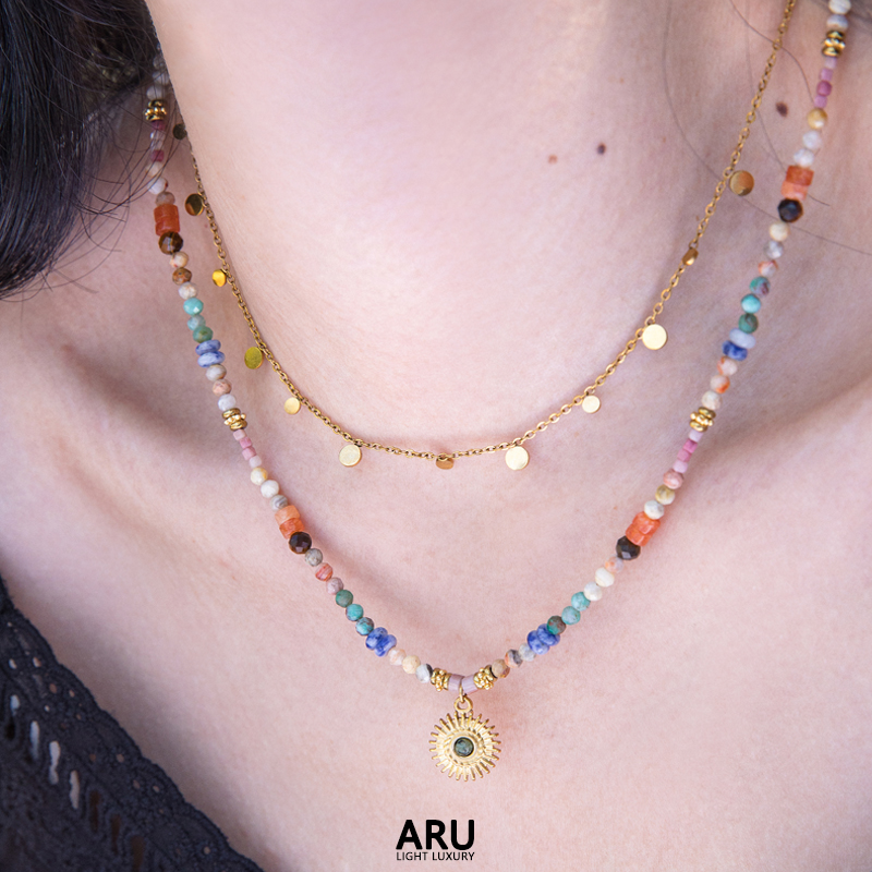 钛钢项链 幸运法式彩色串珠项链时尚复古小众气质百搭锁骨链颈链