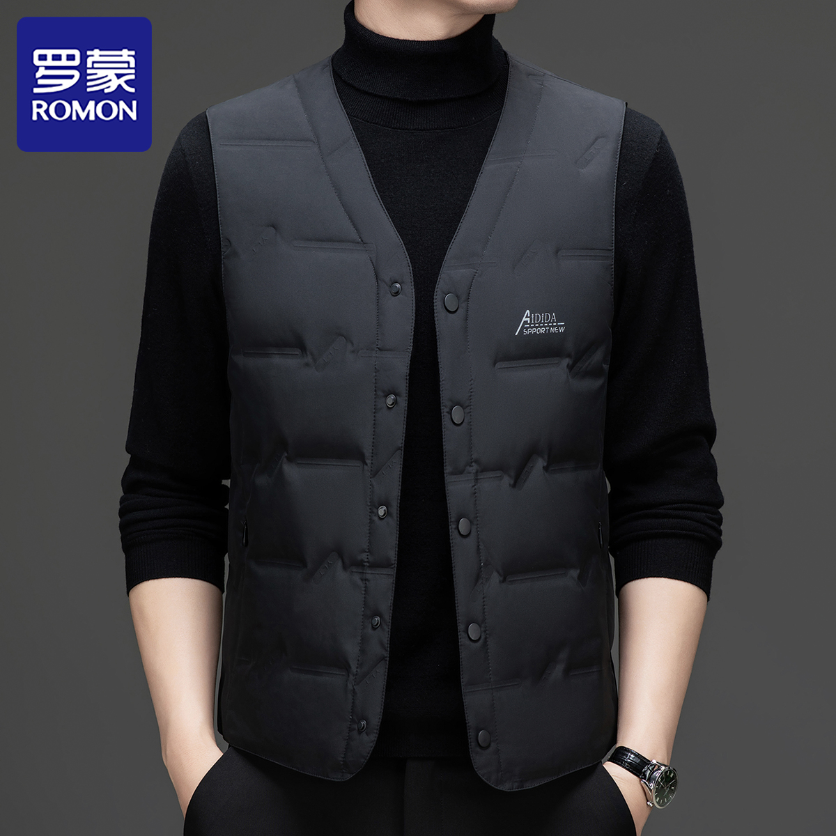 罗蒙冬季90白鸭绒羽绒马甲男士新款休闲轻薄保暖时尚潮流背心外套
