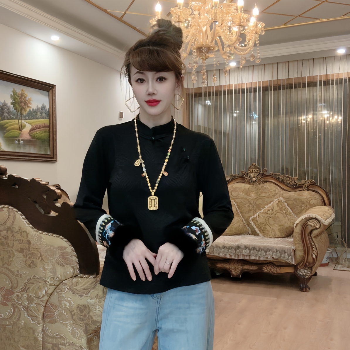 ［兔兔毛—斜襟内搭］冬季新款新中式国风刺绣立领加绒打底上衣