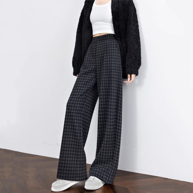 黑灰色格子阔腿裤女秋冬新款高腰百搭慵懒加绒保暖宽松直筒休闲裤
