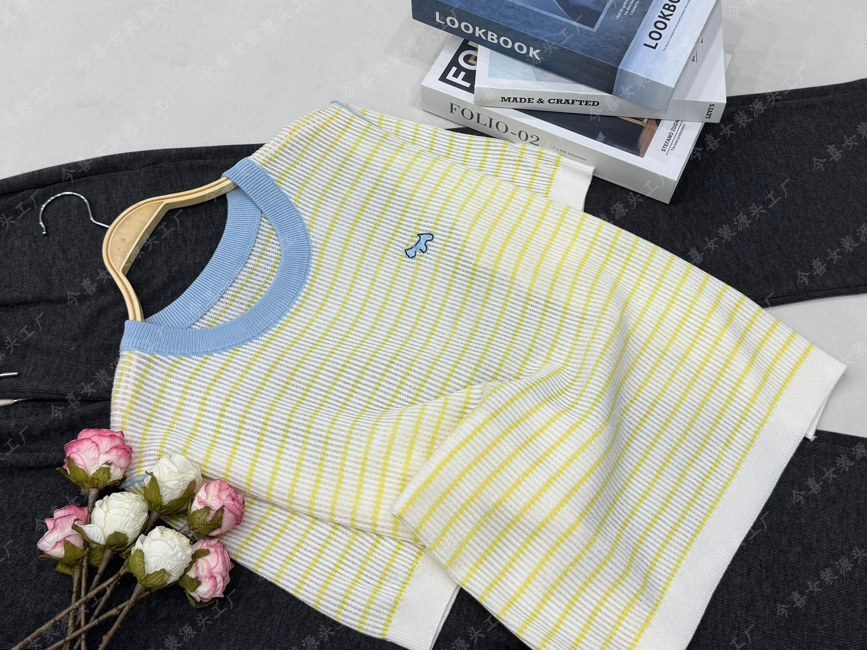 【圆领条纹套头黄】新款时尚休闲网红短袖上衣QC3488