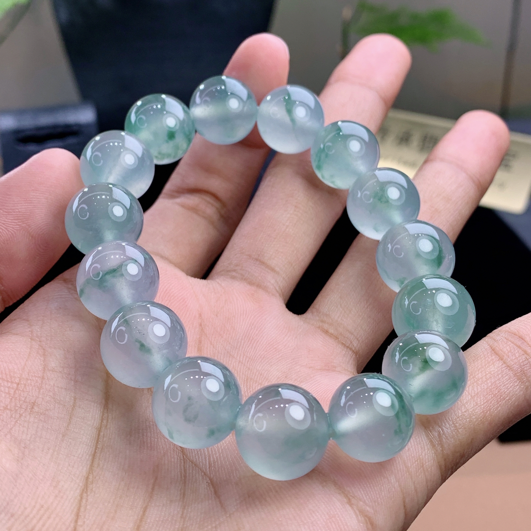 大卡玻璃种收藏传承级大胶块绿飘花天然缅甸A货翡翠手串卡14.2mm