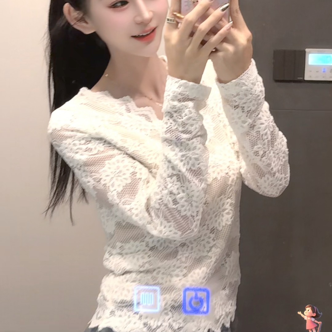 《止于》2025蓉蓉家冬季新款法式V领磨毛加绒蕾丝衫性感蕾丝打底衫