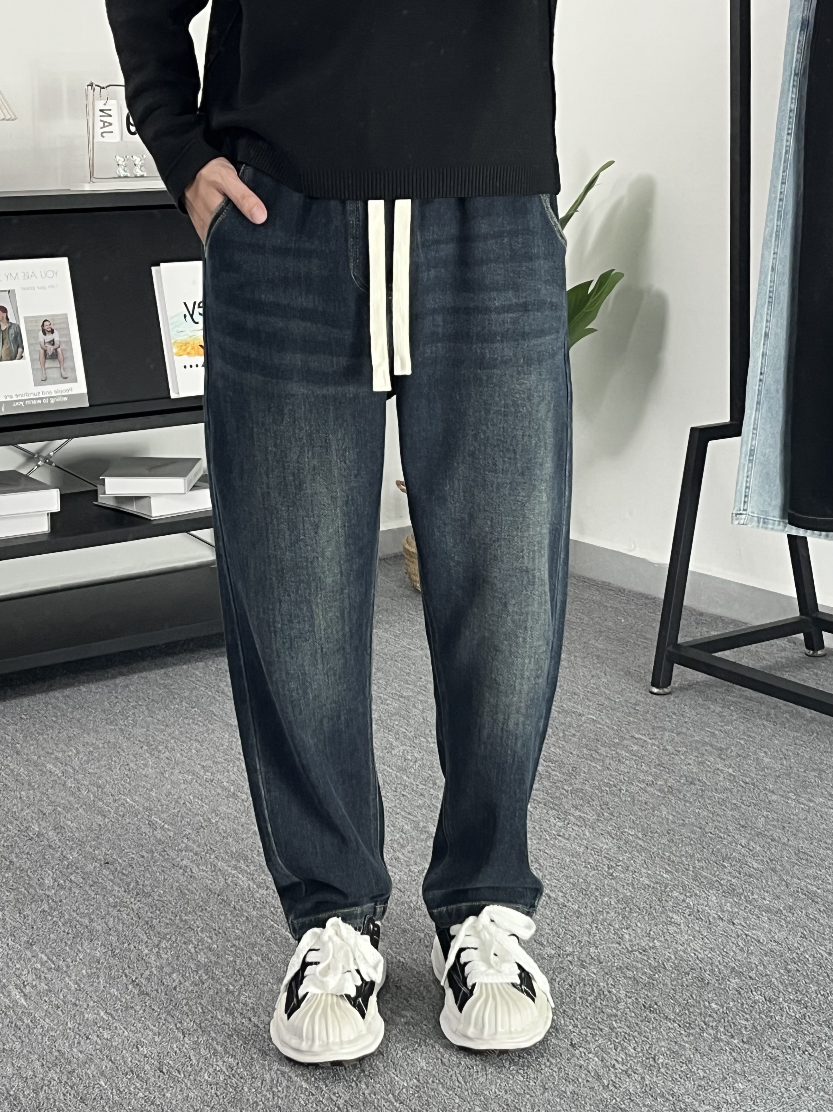 秋冬加绒软牛仔裤潮流松紧百搭宽松休闲时尚复古垂感直筒裤弯刀裤