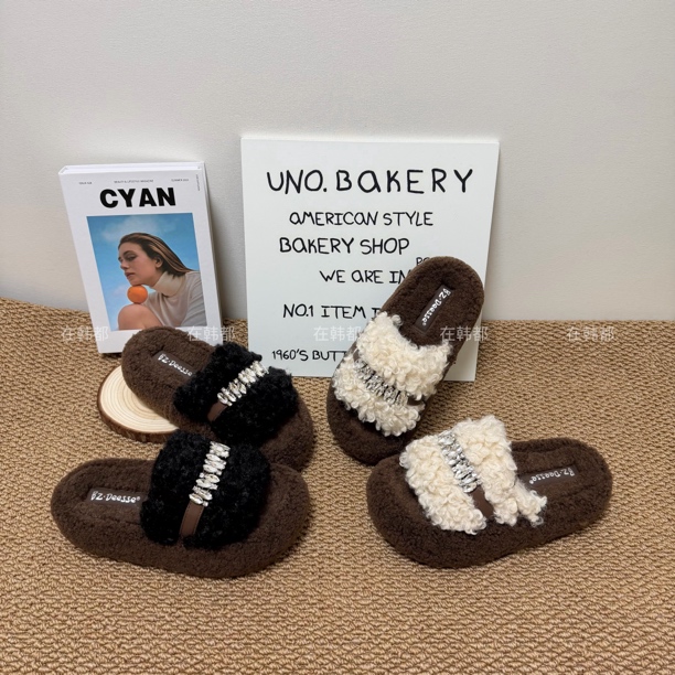 【ZHD】太高级了吧～毛拖厚底水钻一字型包头拖百搭修面毛毛鞋T818