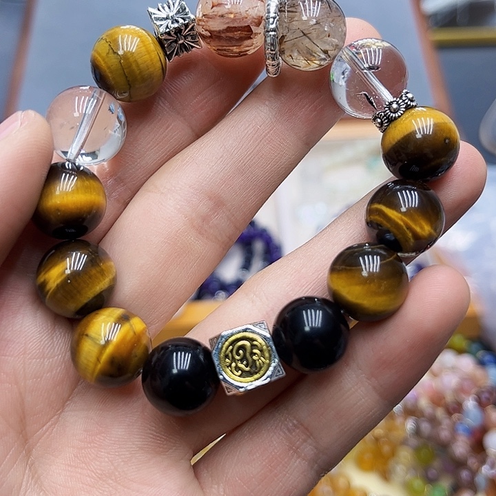 水晶手链银S925镶嵌虎眼黑金超七