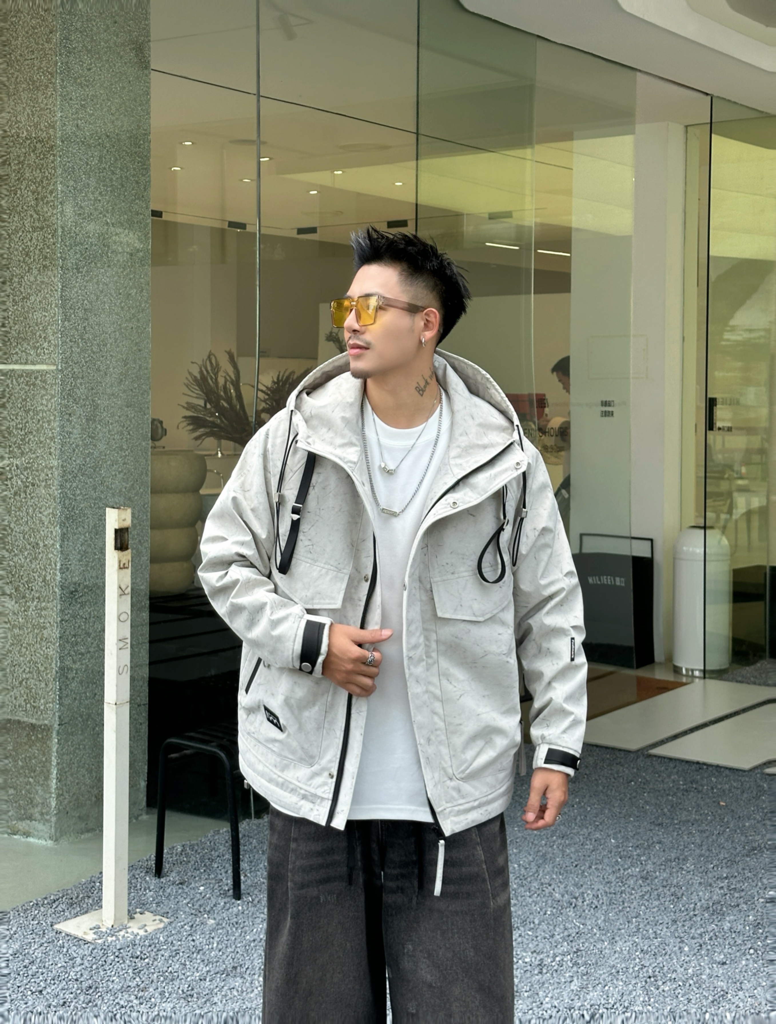 2025男士时尚休闲纯色保暖螺纹一等品连帽韩版立领加厚男装潮流