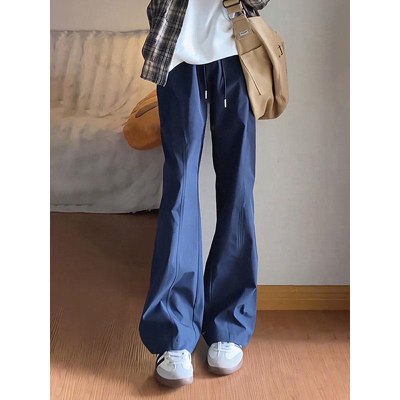 藏青色微喇速干裤女夏薄款冰丝垂坠感裤子显瘦美式斜切休闲运动裤