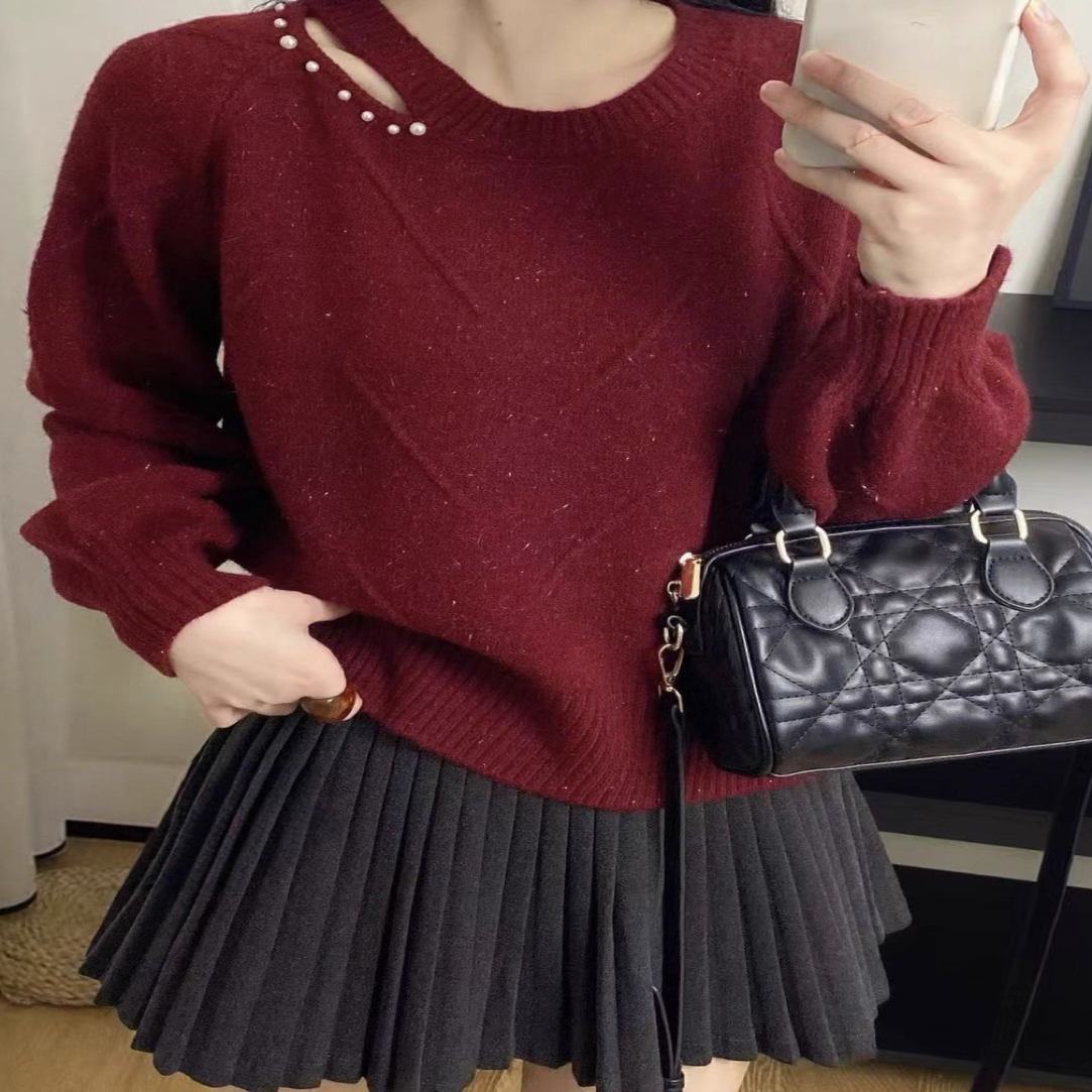 钉珠镂空精致软糯百搭显瘦休闲针织衫套头毛衣秋冬女款上衣