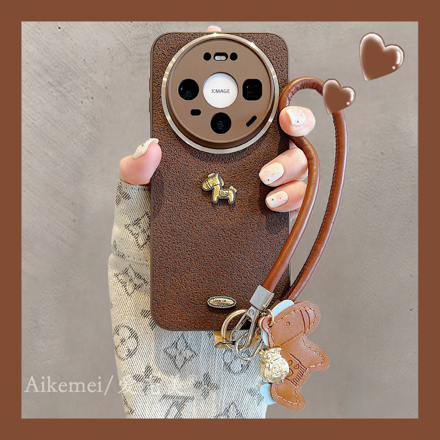 适用华为mate80promax手机壳深棕月坑纹mate70pro+立体小金马手绳