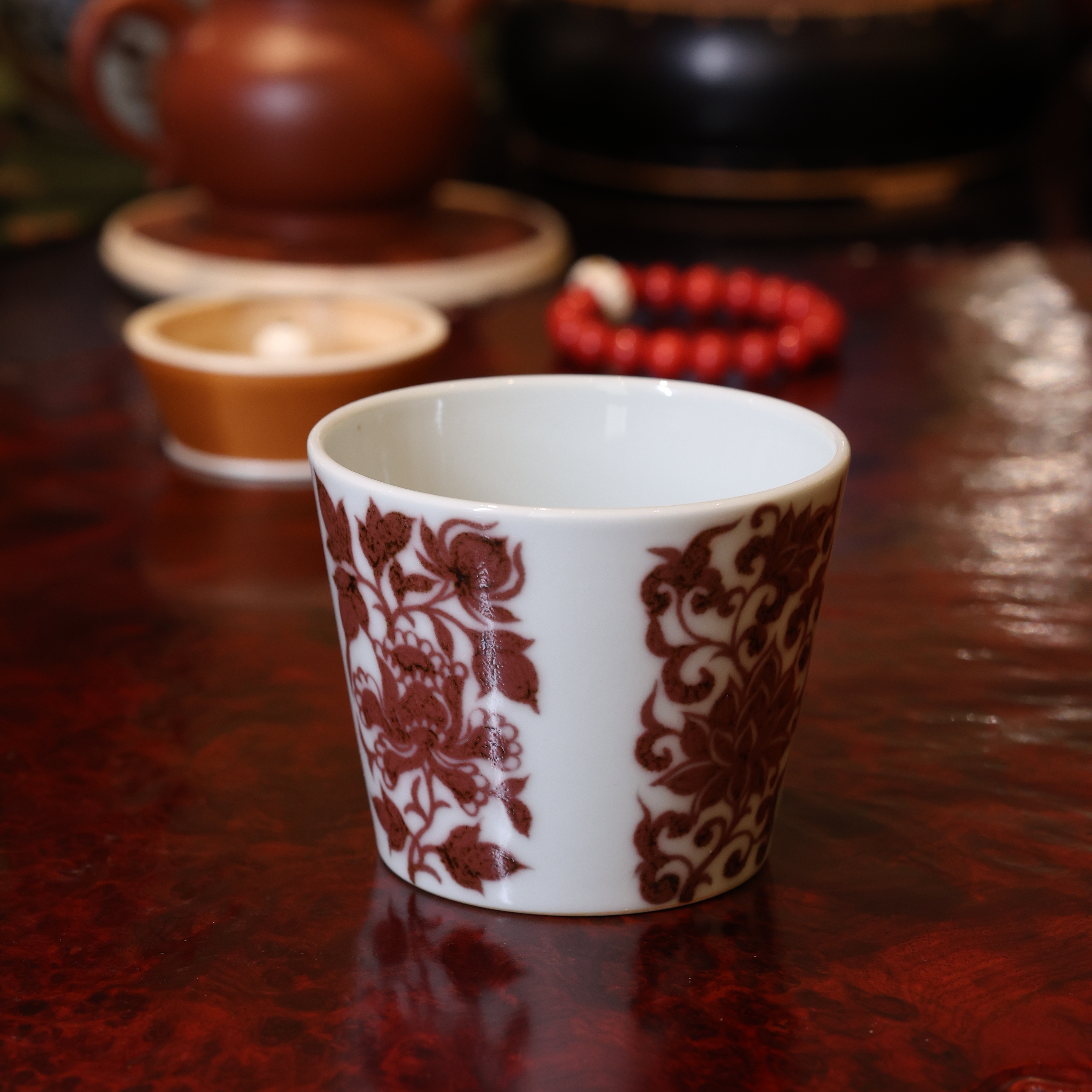 畅怀堂·元青花釉里红·缠枝莲冰桶杯景德镇陶瓷纯手工手绘茶具