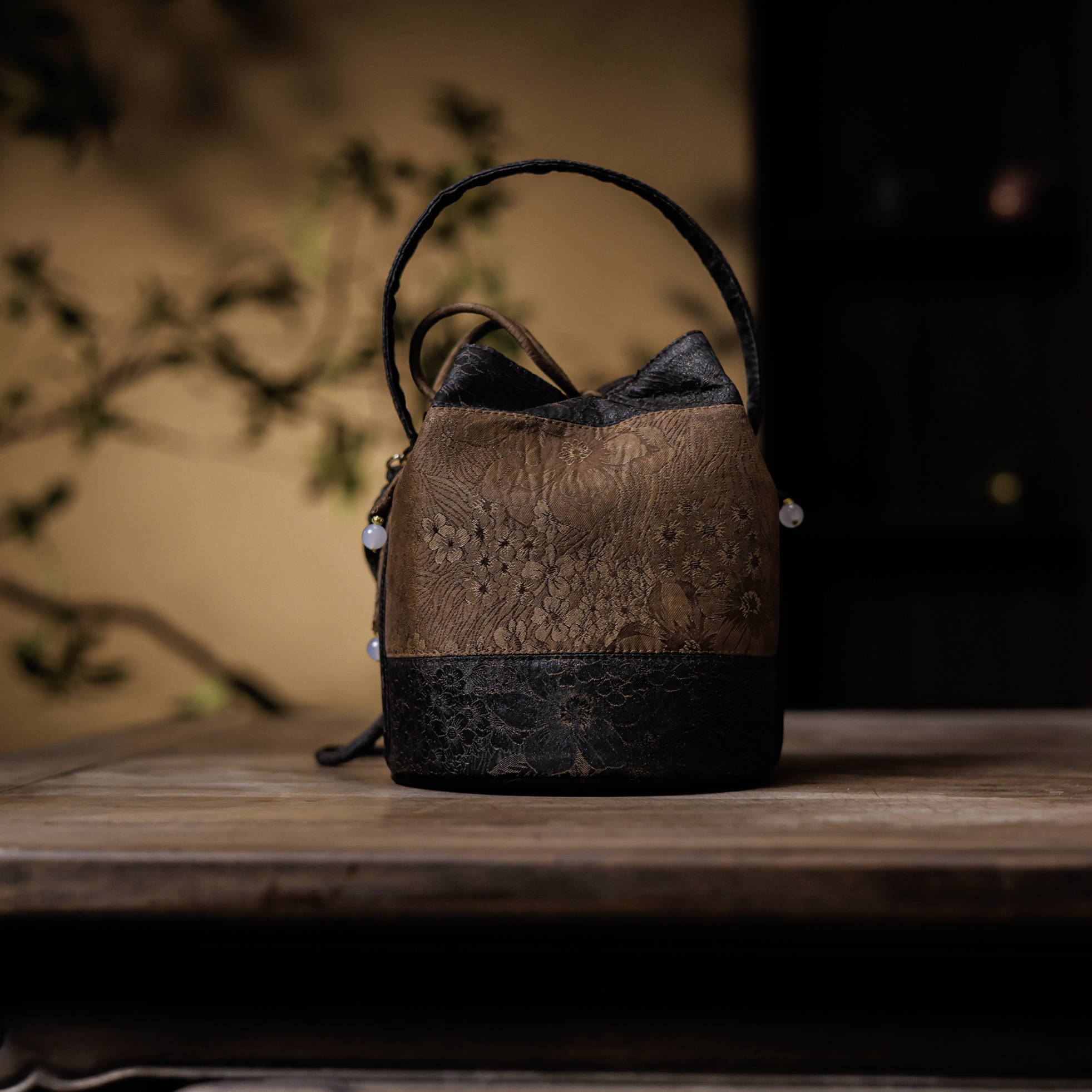 【梵田里】布艺-【万花】黑咖 香云纱双拼发财桶（慢蓝S1144）