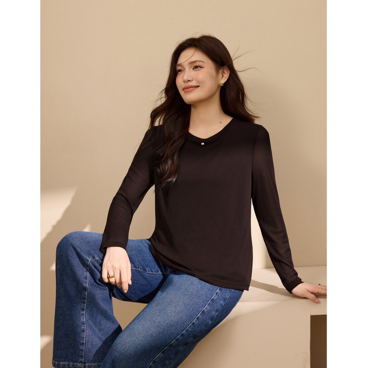 【网纱百搭内里抓毛针织衫】纤莉秀大码女装时尚优雅气质QK4825